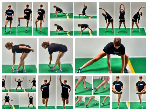 Collage di esercizi di stretching statico: affondi, torsioni, piegamenti e allungamenti delle gambe.